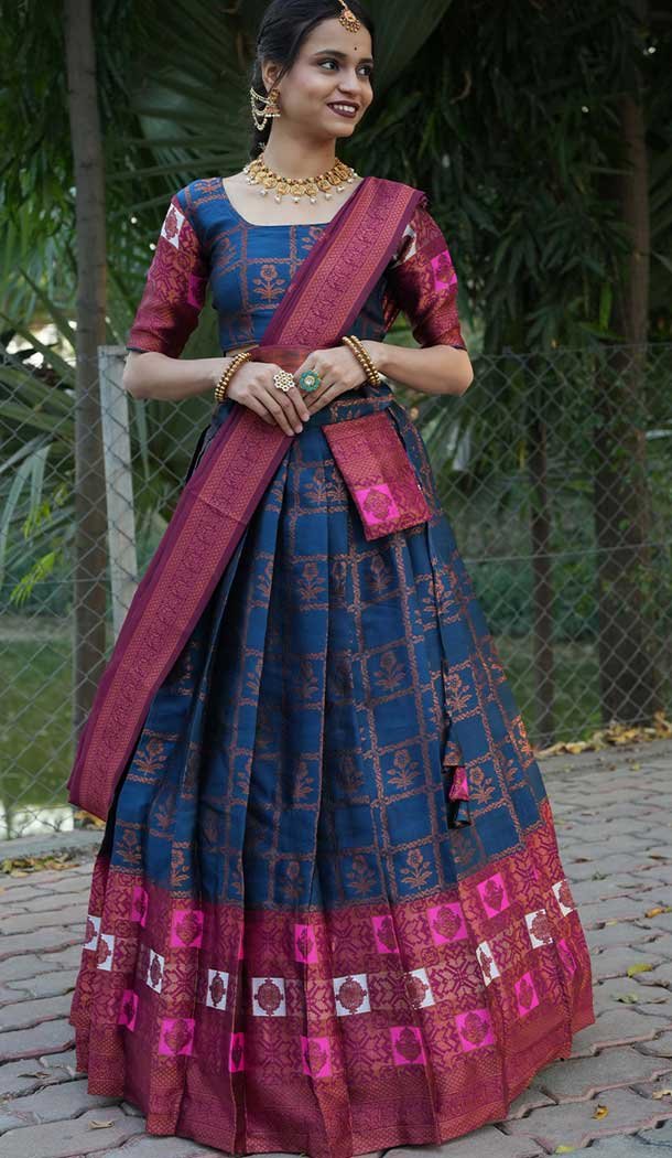 Teal Blue Lichi Silk Zari Work Traditional Wear Lehenga Choli - 10593194901