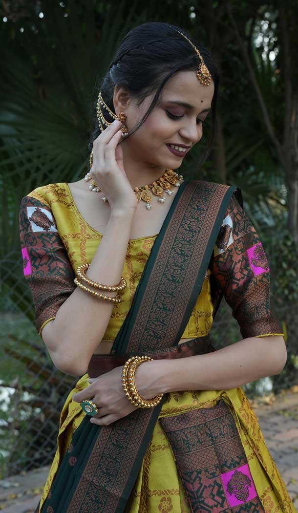 Mustard Lichi Silk Zari Work Traditional Wear Lehenga Choli - 10593194903