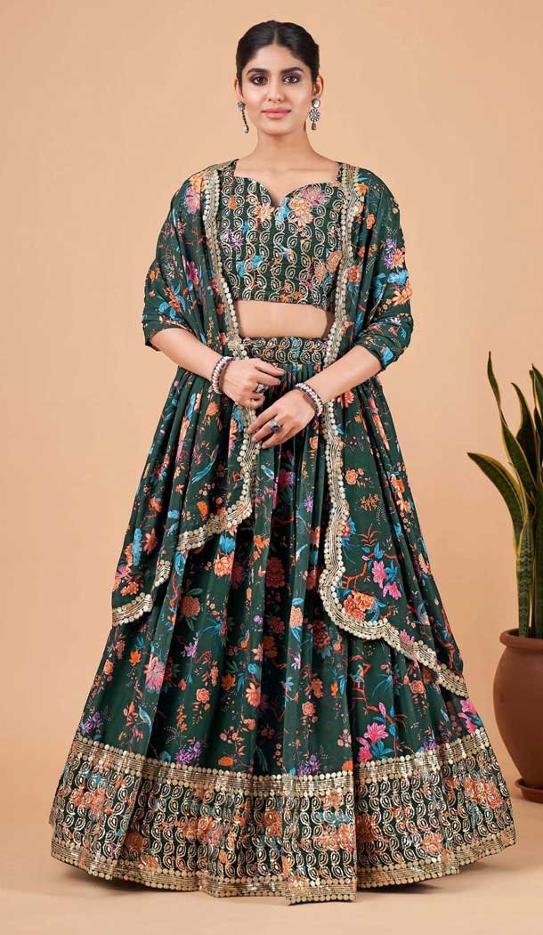 Bottle Green Georgette Digital print Work Party Wear Lehenga Choli - 10605194964