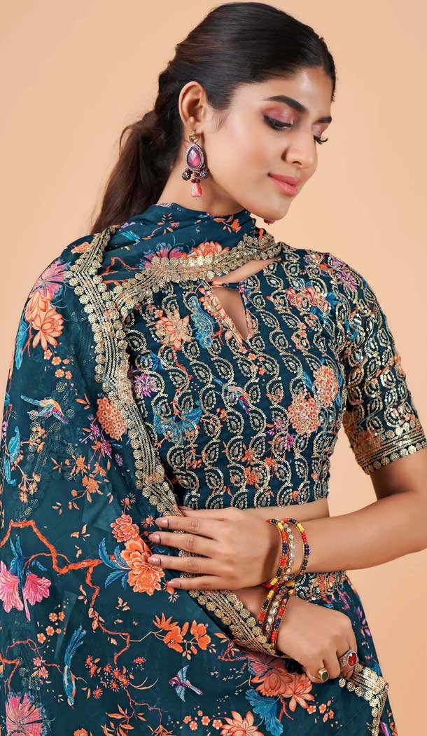 Navy Blue Georgette Digital print Work Party Wear Lehenga Choli - 10605194965