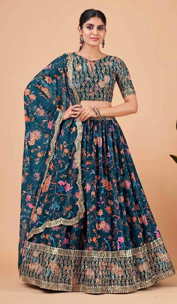 Navy Blue Georgette Digital print Work Party Wear Lehenga Choli - 10605194965