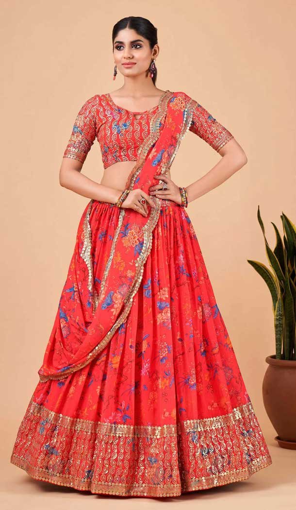 Red Georgette Digital print Work Party Wear Lehenga Choli - 10605194966