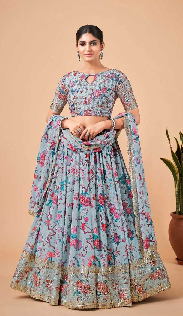 Sky Blue Color Georgette Digital print Work Party Wear Lehenga Choli - 10605194967