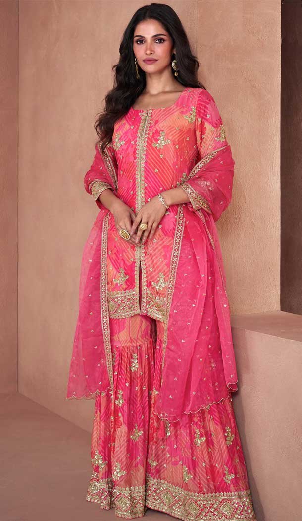 Pink Fox Georgette Embroidered Party Wear Readymade Sharara Suit - 10614195046