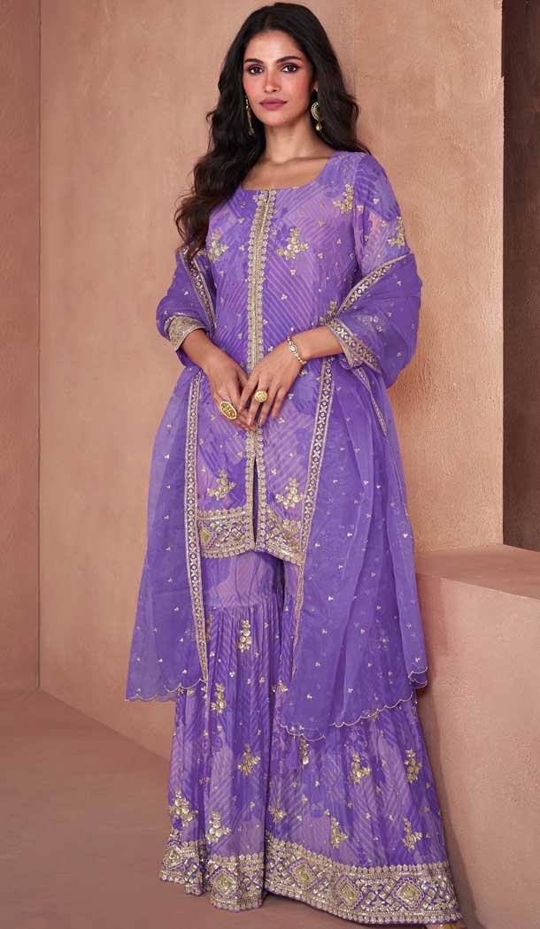 Purple Fox Georgette Embroidered Party Wear Readymade Sharara Suit - 10614195048
