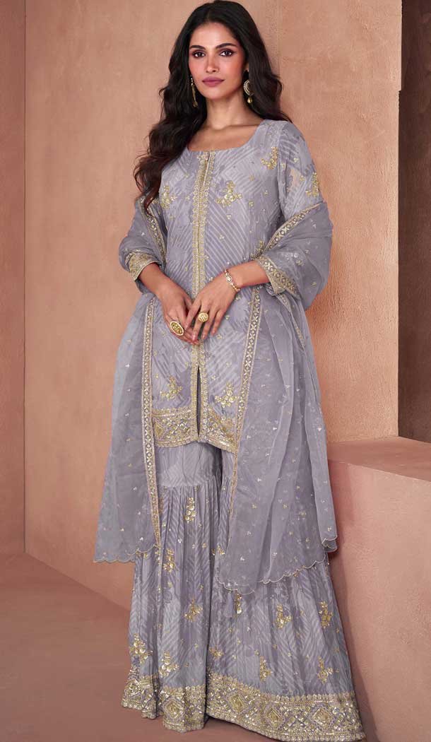 Grey Fox Georgette Embroidered Party Wear Readymade Sharara Suit - 10614195049