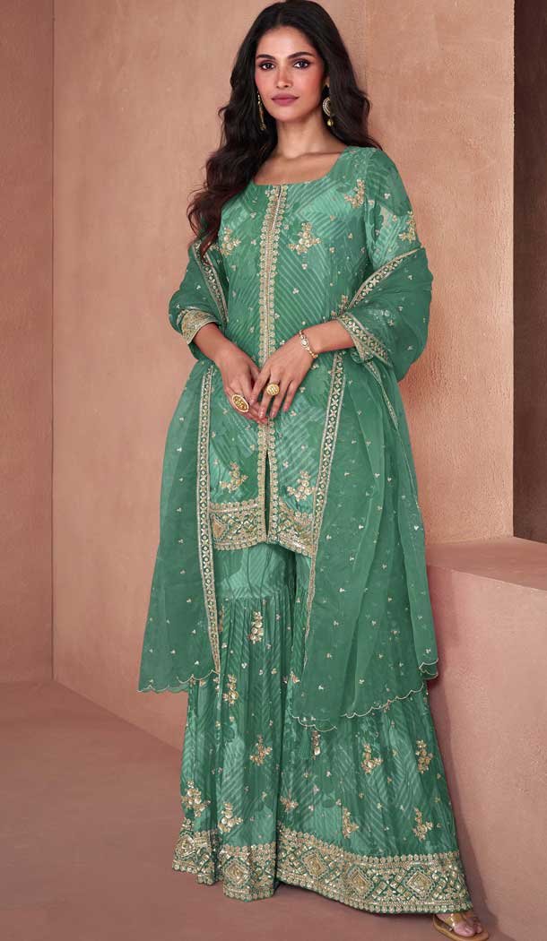Rama Blue Fox Georgette Embroidered Party Wear Readymade Sharara Suit - 10614195051