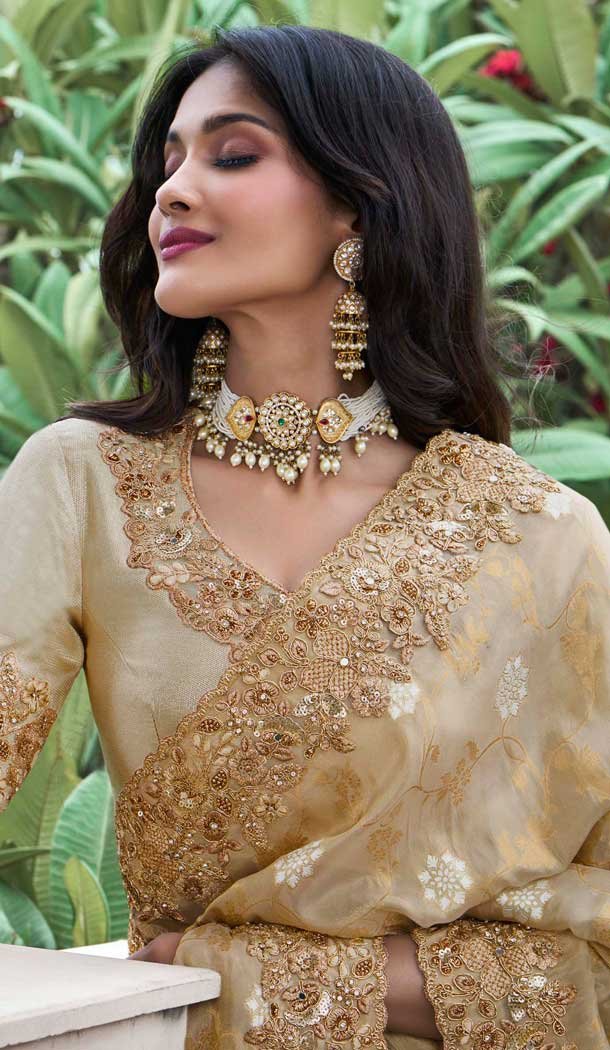 Gold Tissue Silk Resham Work Wedding Wear Saree - 10616195055