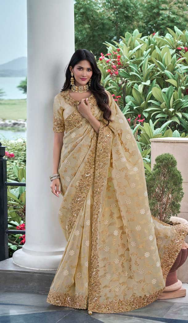 Gold Tissue Silk Resham Work Wedding Wear Saree - 10616195055