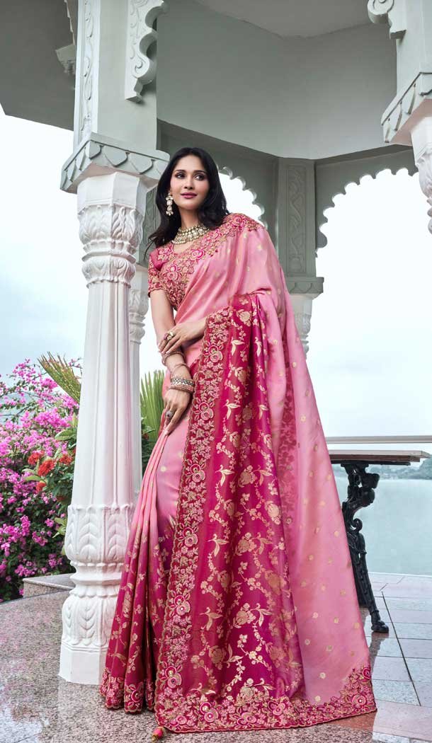 Pink Tissue Silk Resham Work Wedding Wear Saree - 10616195056