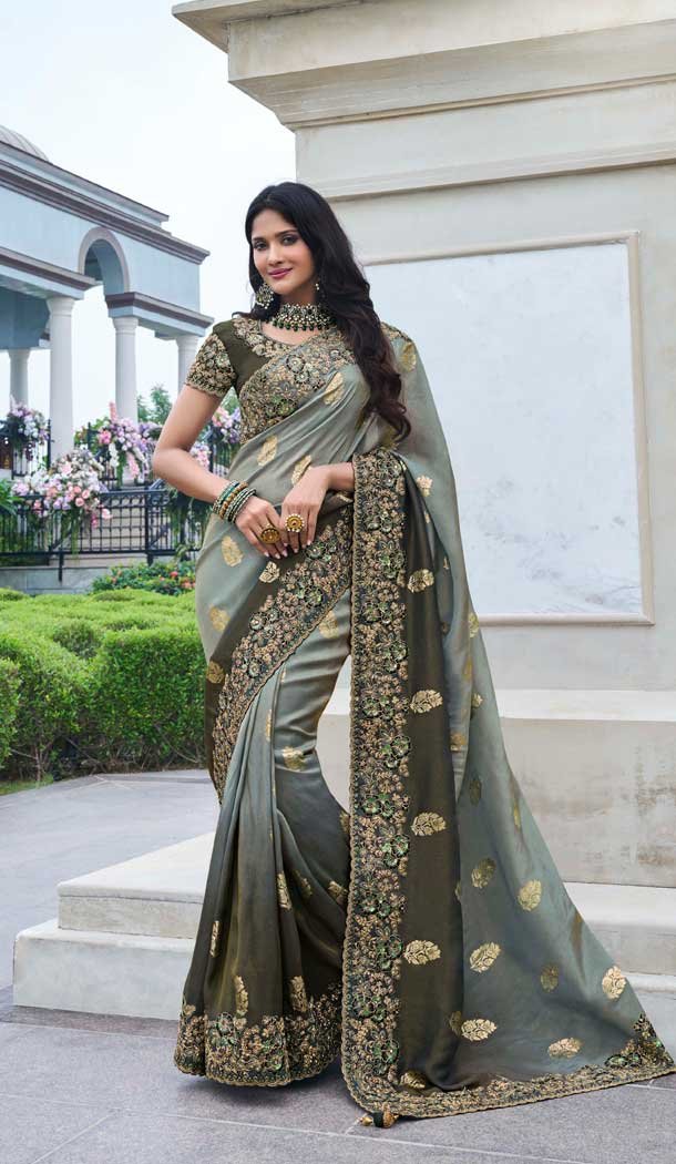 Grey Omber Tissue Silk Resham Work Wedding Wear Saree - 10616195062