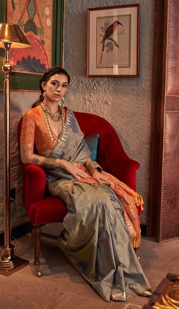 Tussar Silk Zari Work Traditional Wear Saree In Grey - 10617195066