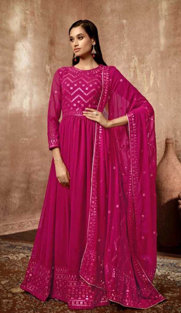 Rani Pink Georgette Sequence Work Party Wear Gown With Dupatta - 10637195172