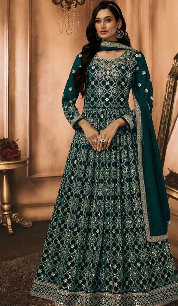 Green Georgette Resham Work Party Wear Gown With Dupatta - 10637195174
