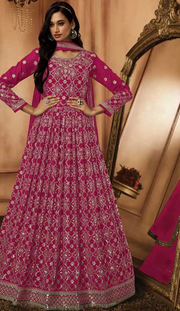 Rani Pink Georgette Resham Work Party Wear Gown With Dupatta - 10637195175