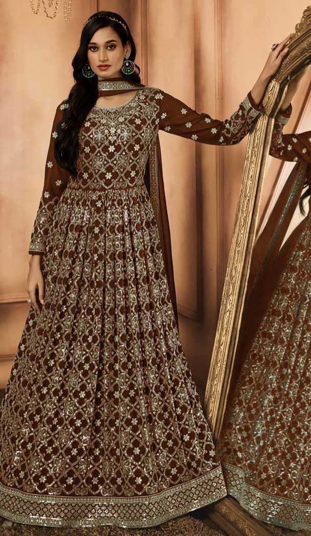 Coffee Georgette Resham Work Party Wear Gown With Dupatta - 10637195179