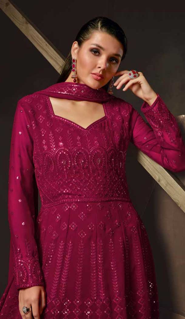 Georgette Sequence Work Party Wear Gown With Dupatta In Rani Pink - 10637195184