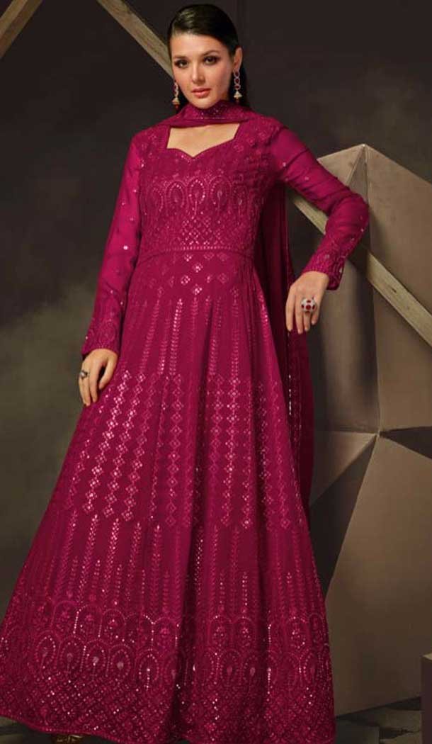 Georgette Sequence Work Party Wear Gown With Dupatta In Rani Pink - 10637195184