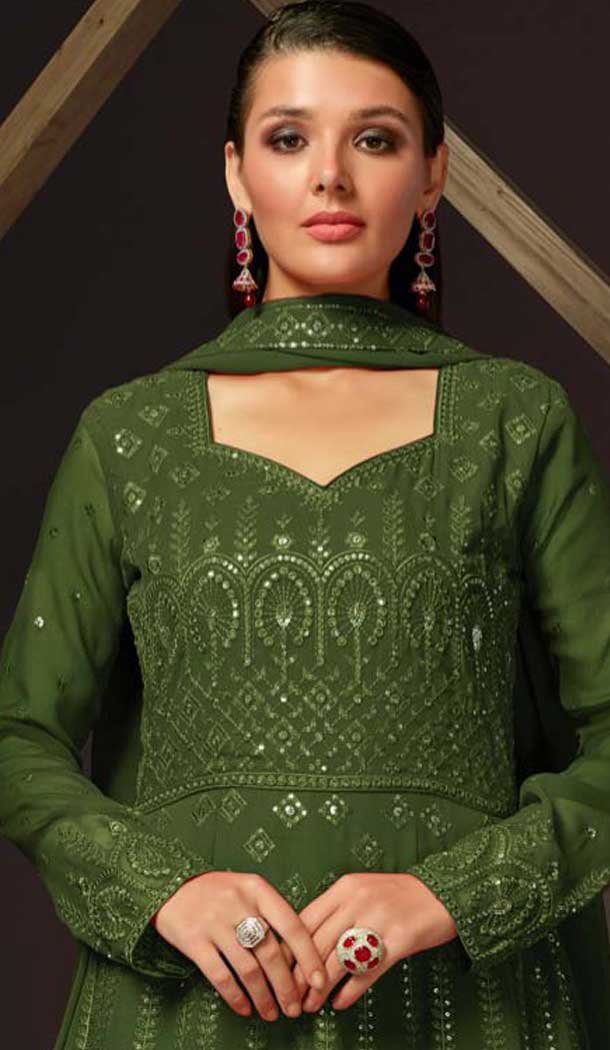 Mehendi Green Georgette Sequence Work Party Wear Gown With Dupatta - 10637195185