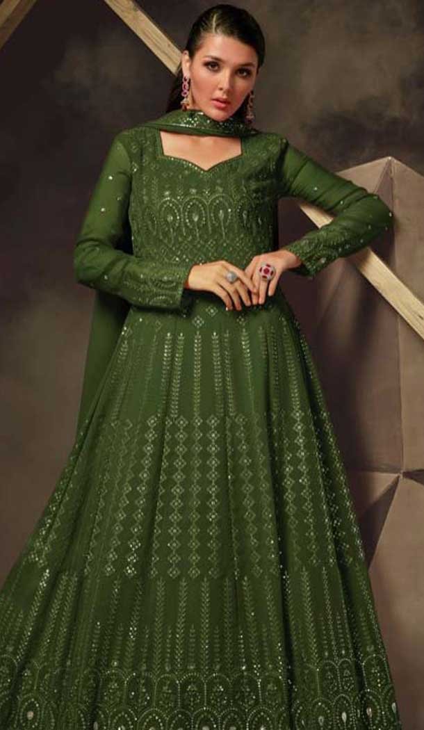 Mehendi Green Georgette Sequence Work Party Wear Gown With Dupatta - 10637195185