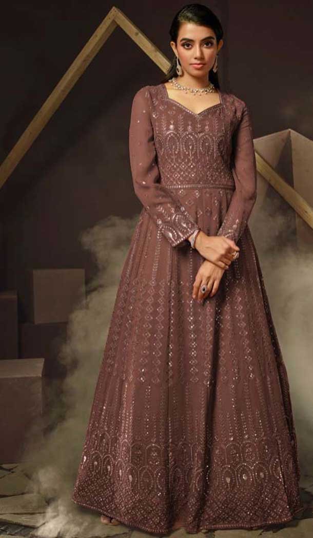Mauve Georgette Sequence Work Party Wear Gown With Dupatta - 10637195186