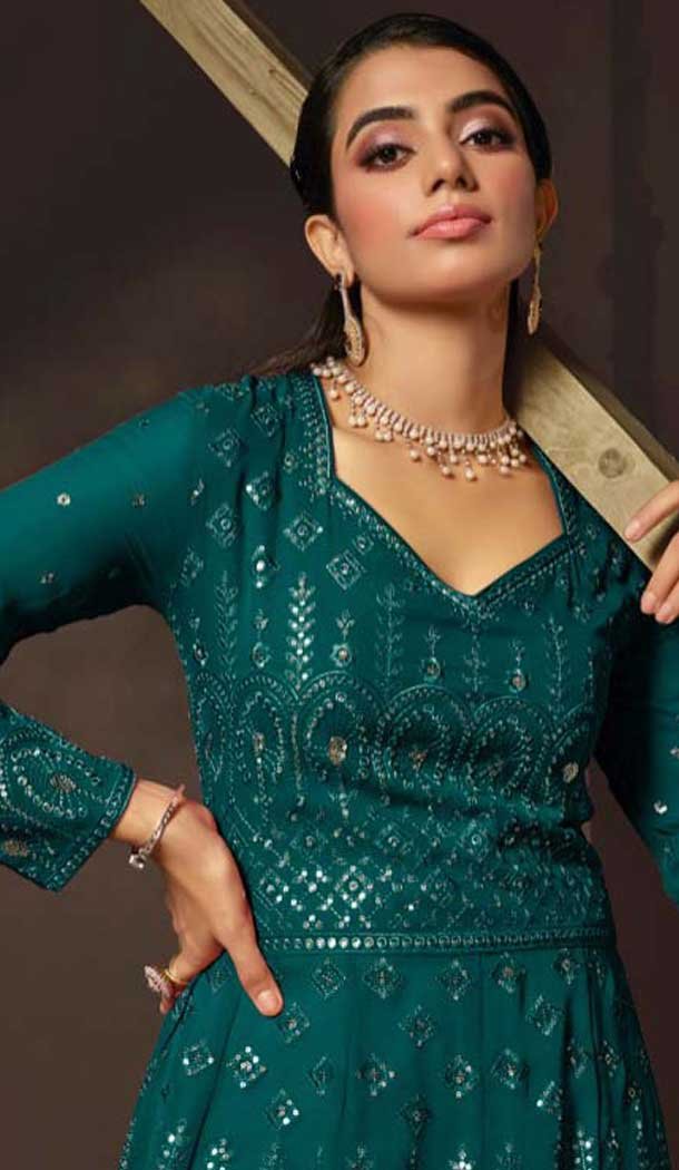 Georgette Sequence Work Party Wear Gown With Dupatta In Teal Blue - 10637195187
