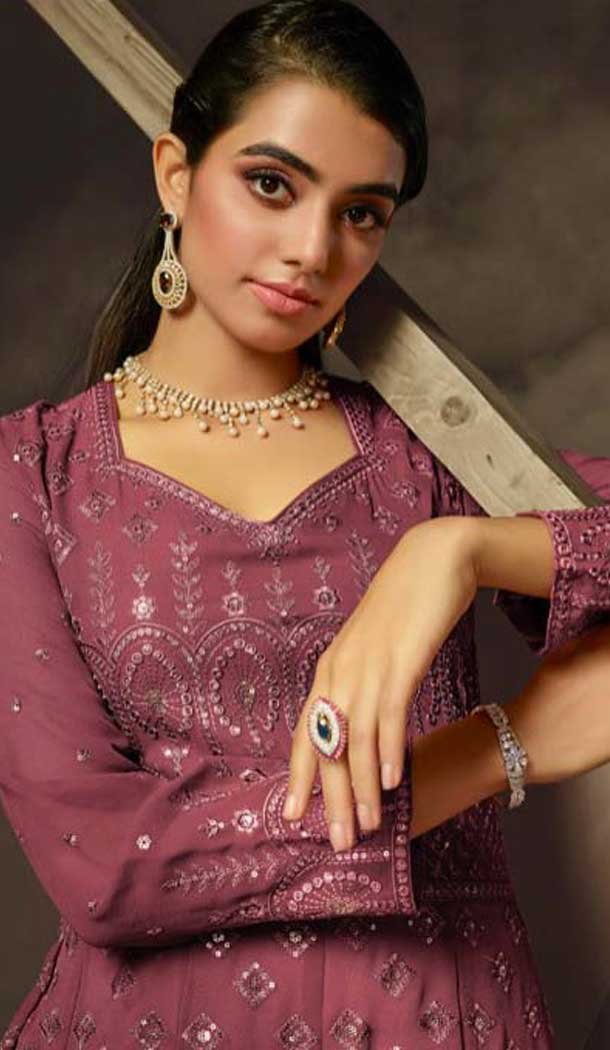 Onion PinkGeorgette Sequence Work Party Wear Gown With Dupatta - 10637195188