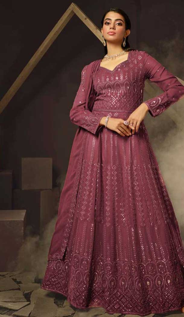 Onion PinkGeorgette Sequence Work Party Wear Gown With Dupatta - 10637195188