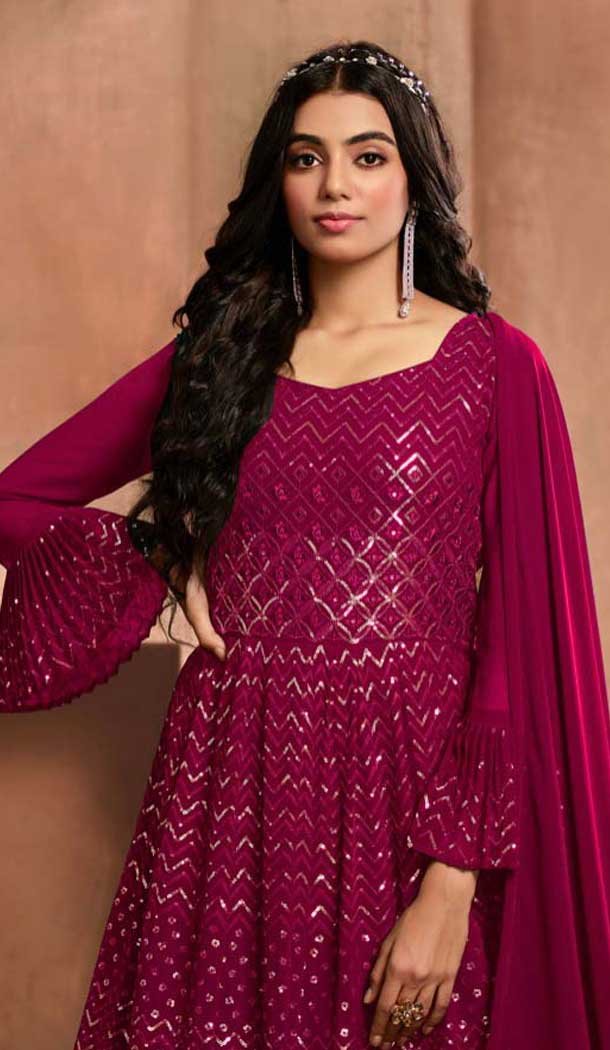 Rani Pink Georgette Thread Work Party Wear Gown With Dupatta - 10637195189