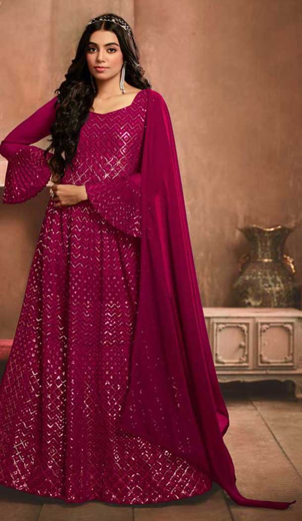 Rani Pink Georgette Thread Work Party Wear Gown With Dupatta - 10637195189