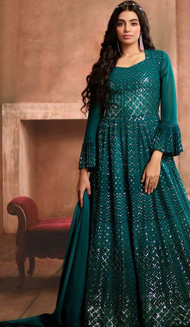Teal Blue Georgette Thread Work Party Wear Gown With Dupatta - 10637195190