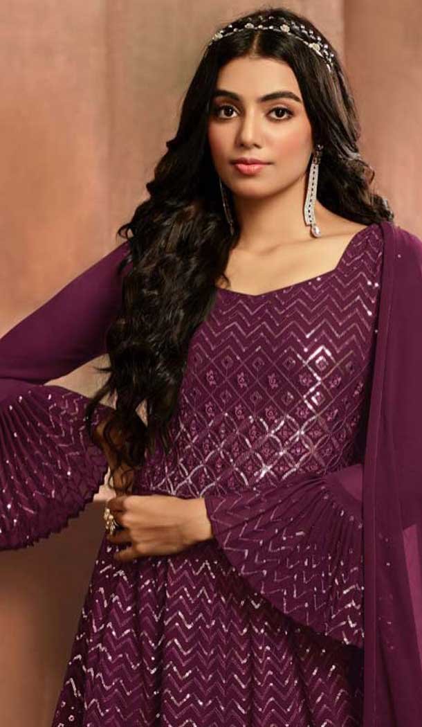 Purple Georgette Sequence Work Party Wear Gown With Dupatta - 10637195191