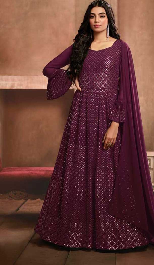 Purple Georgette Sequence Work Party Wear Gown With Dupatta - 10637195191