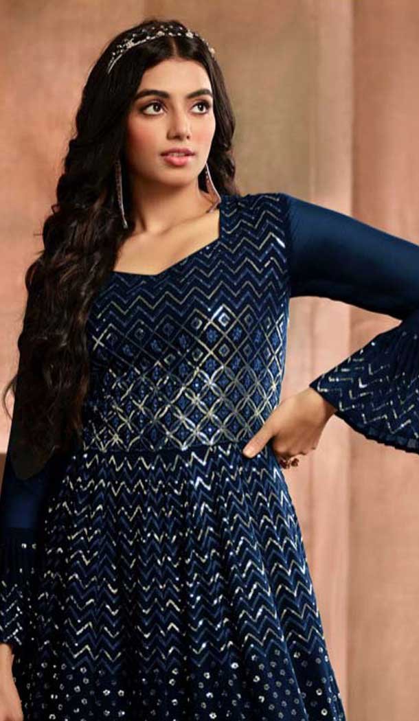 Navy Blue Georgette Sequence Work Party Wear Gown With Dupatta - 10637195192