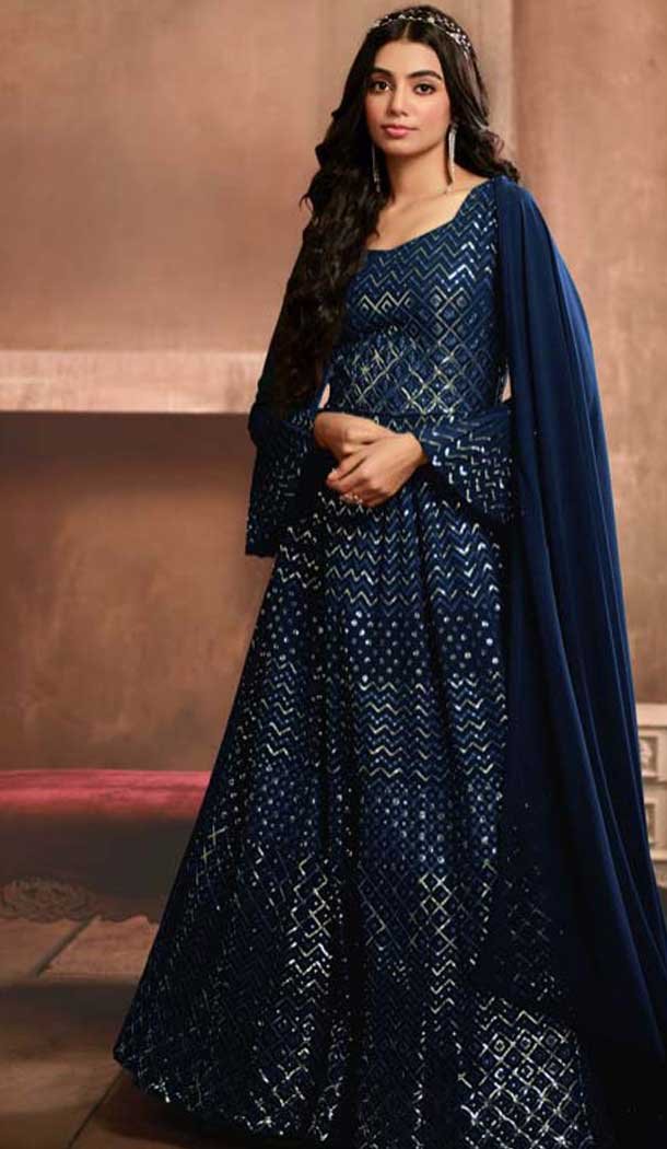 Navy Blue Georgette Sequence Work Party Wear Gown With Dupatta - 10637195192