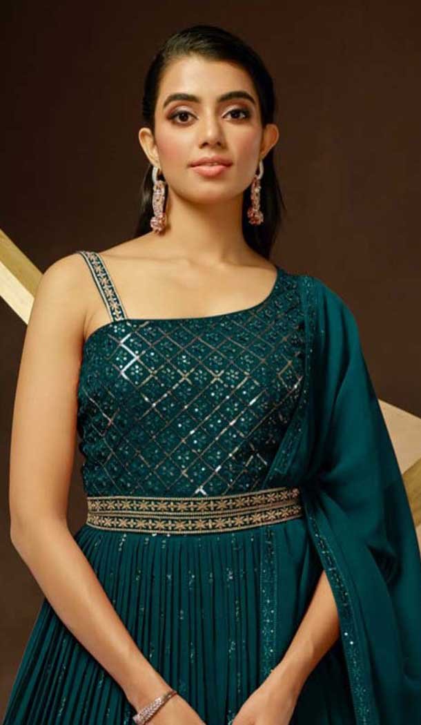Teal Blue Thread Work Georgette Party Wear Gown With Dupatta - 10637195193