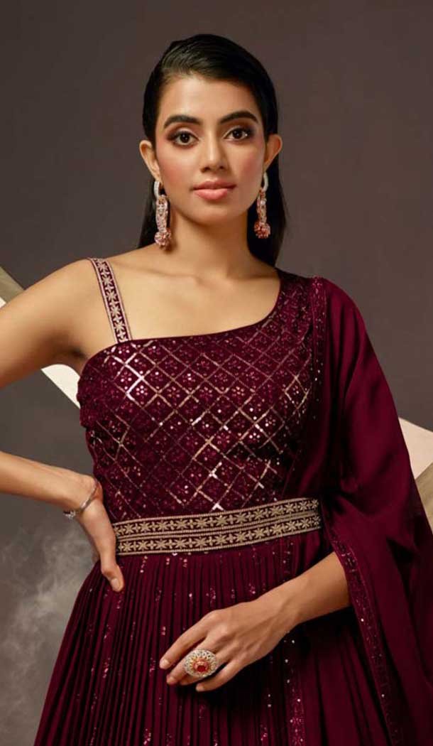Wine Georgette Sequence Work Party Wear Gown With Dupatta - 10637195194