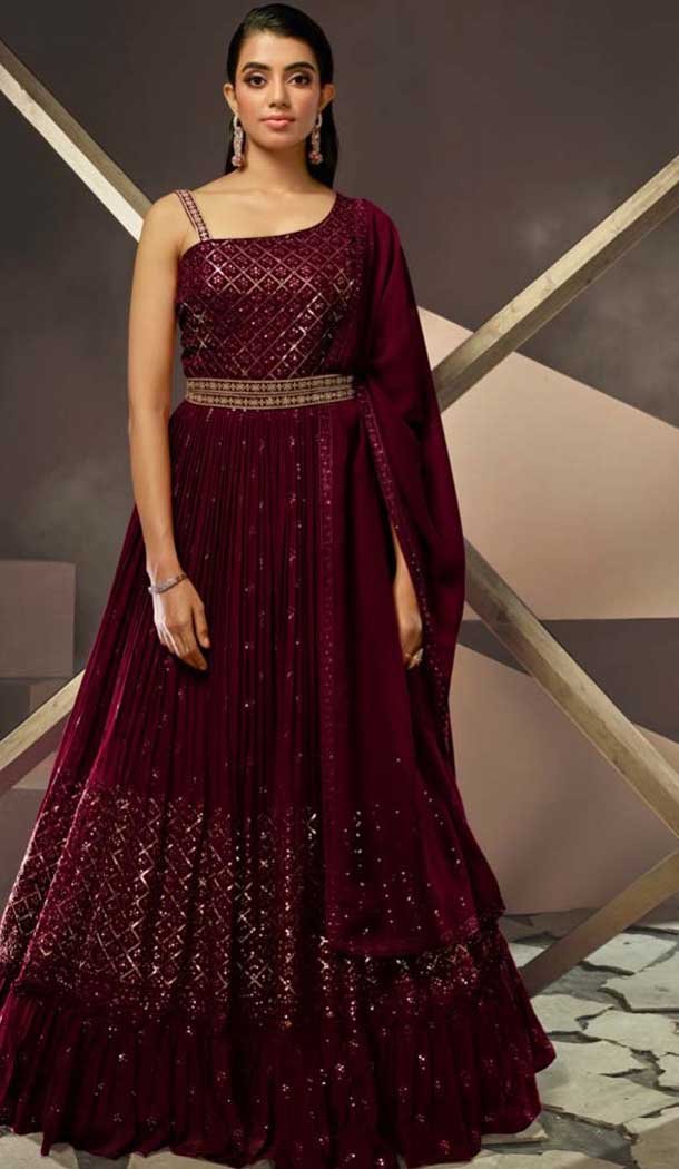 Wine Georgette Sequence Work Party Wear Gown With Dupatta - 10637195194