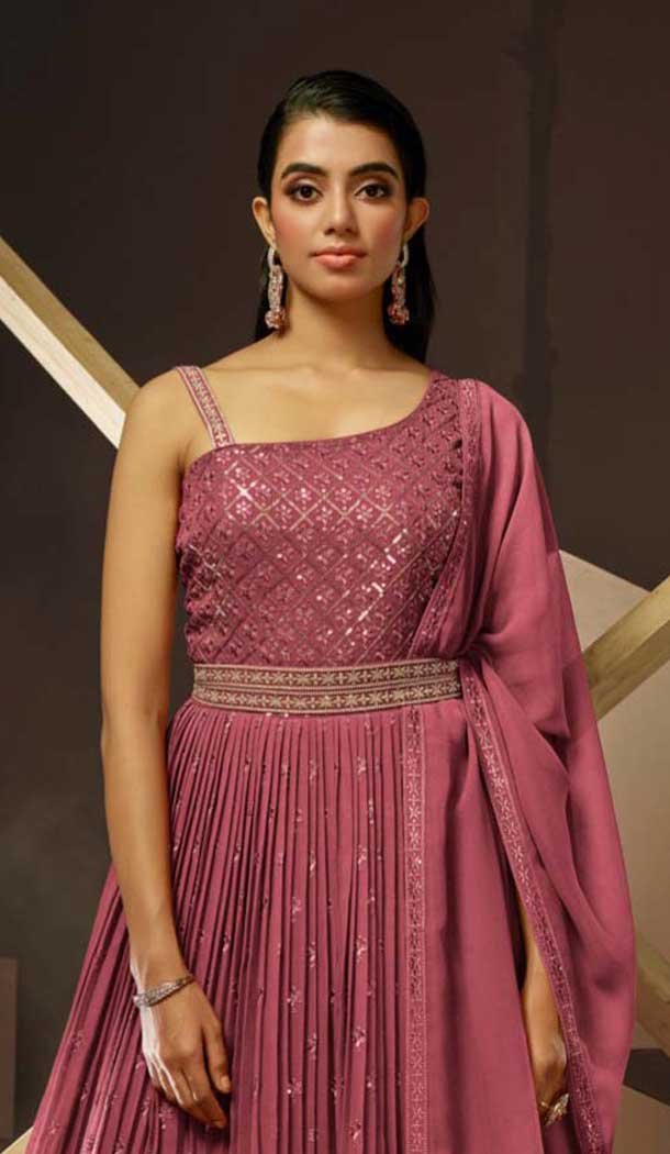 Onion Pink Georgette Thread Work Party Wear Gown With Dupatta - 10637195195
