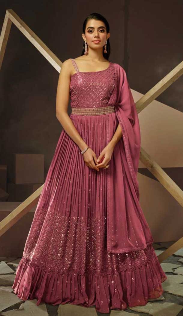 Onion Pink Georgette Thread Work Party Wear Gown With Dupatta - 10637195195