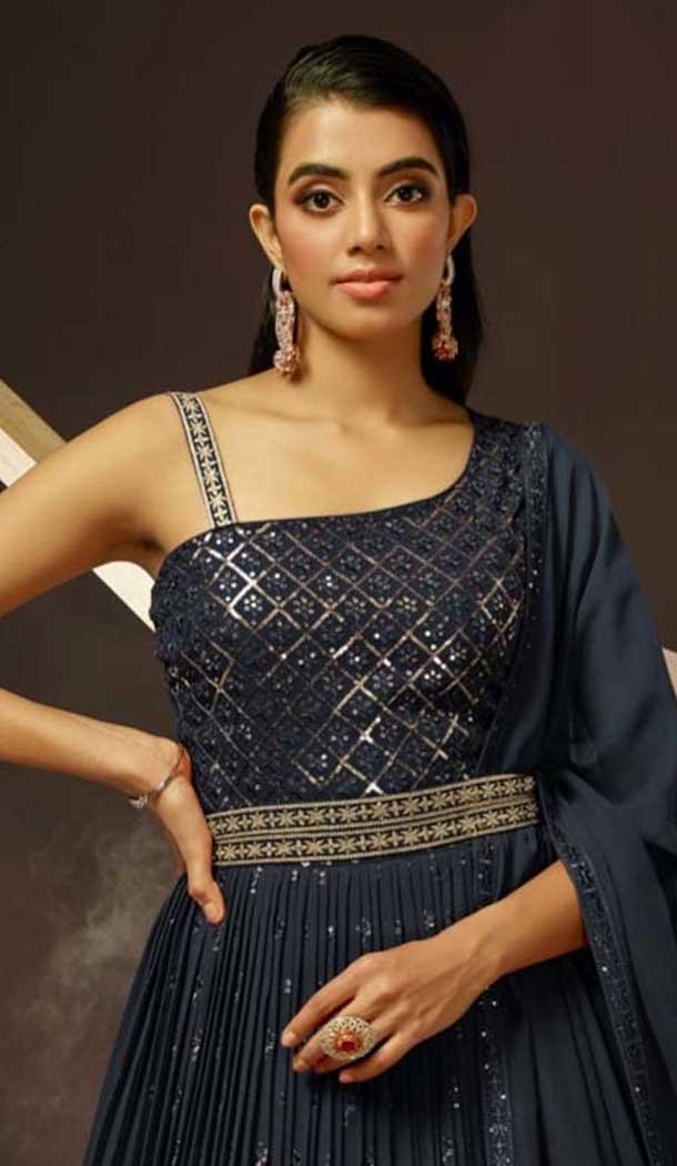 Navy Blue Georgette Thread Work Party Wear Gown With Dupatta - 10637195196