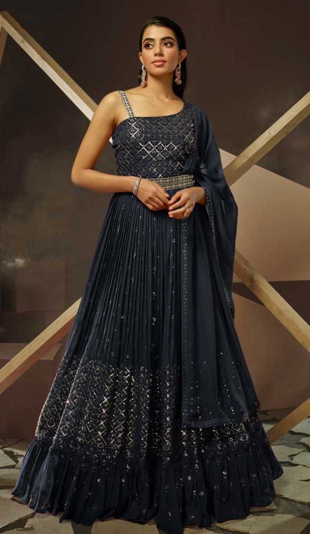 Navy Blue Georgette Thread Work Party Wear Gown With Dupatta - 10637195196
