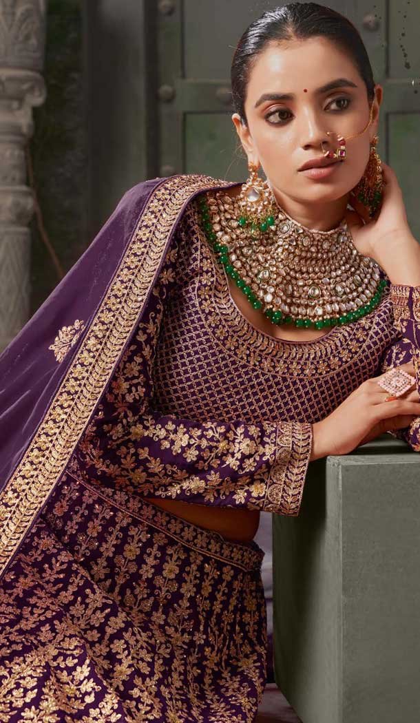 Wine Georgette Sequins Work Wedding Wear Lehenga Choli - 10686195458