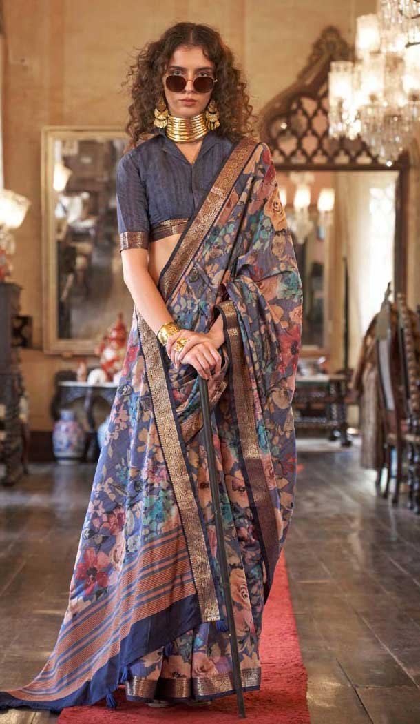 Viscose Mulai Silk Printed Party Wear Saree In Multi Color - 10687195459