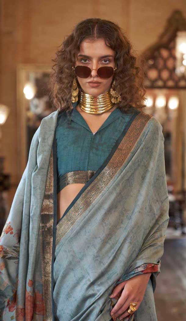 Viscose Mulai Silk Printed Party Wear Saree In Aqua Blue - 10687195460