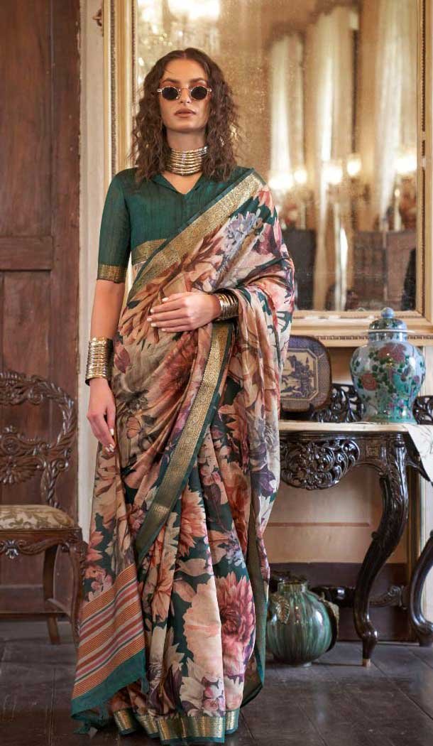 Multi Color Viscose Mulai Silk Printed Party Wear Saree - 10687195461