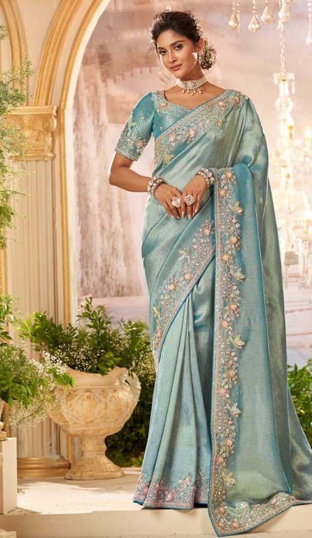 Pure Banarasi Embroidered Wedding Wear Saree In Aqua Blue - 10688195468