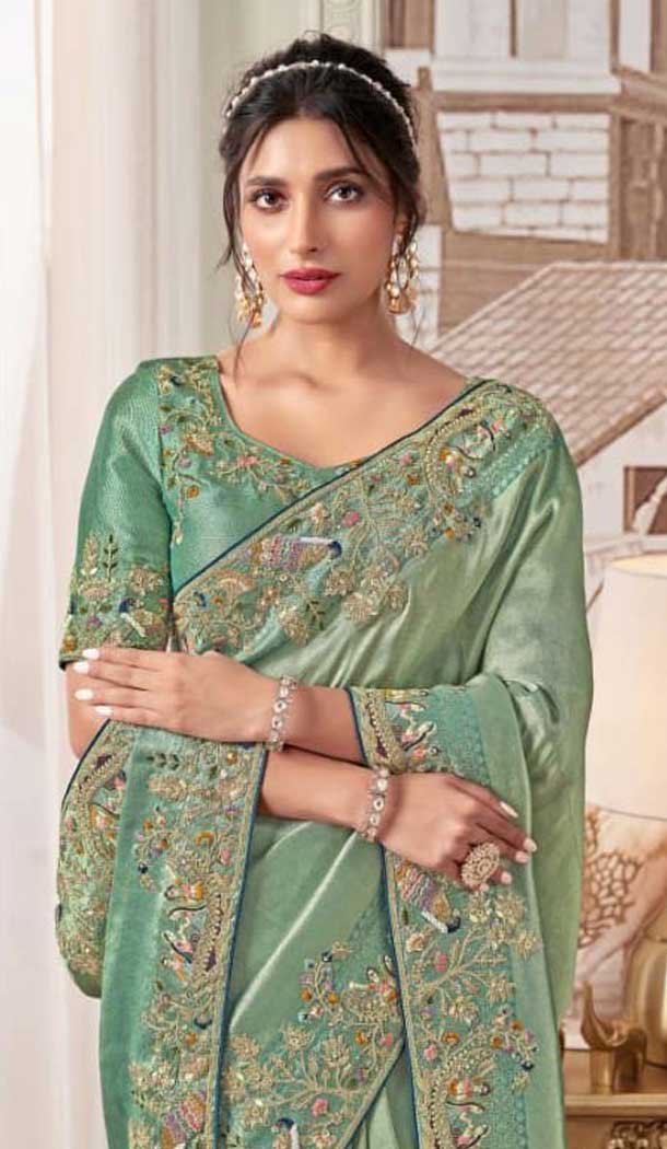 Pure Banarasi Embroidered Wedding Wear Saree In Mint Green Color - 10688195469