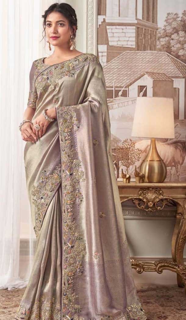 Pure Banarasi Embroidered Wedding Wear Saree In Grey - 10688195470