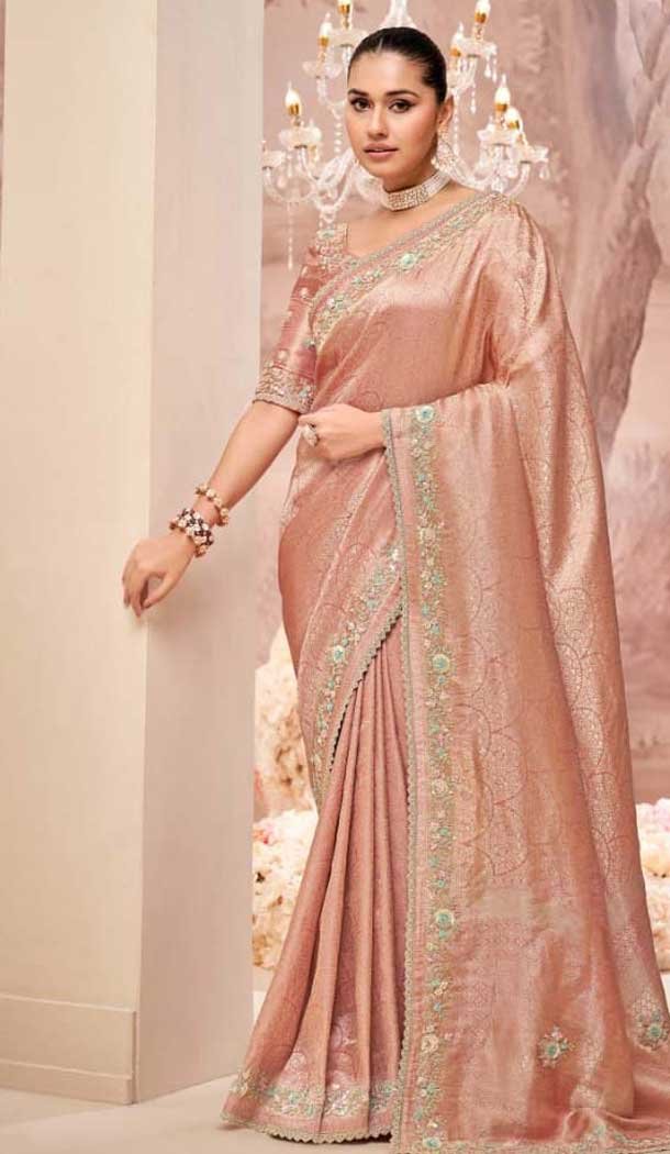 Pure Banarasi Zari Work Wedding Wear Saree In Pink - 10688195477